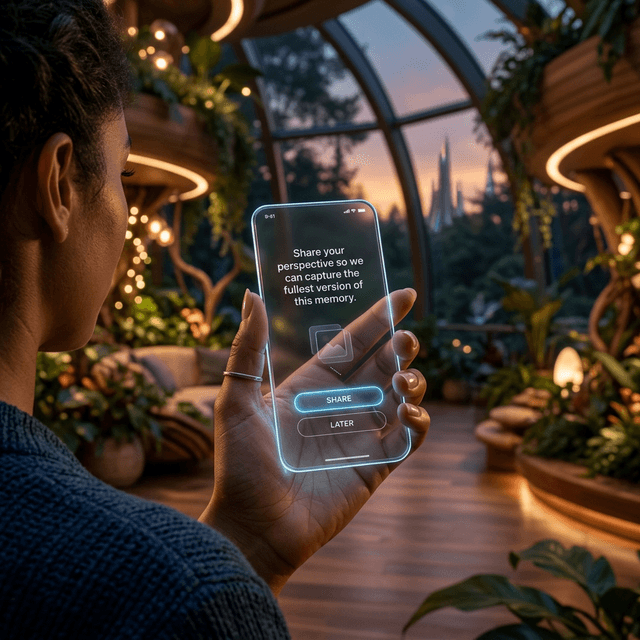 Afterlight App UI showing collaborative memory prompts