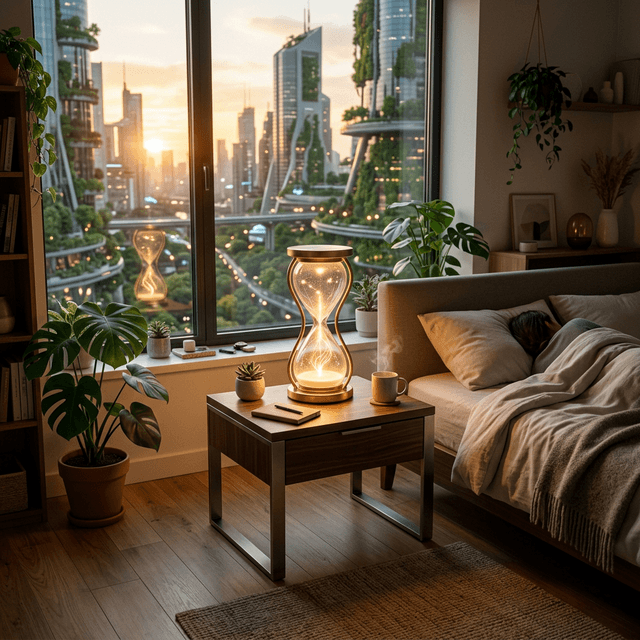 Elegant memory core light fixture in a serene, plant-filled bedroom