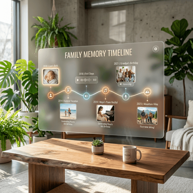 Beautiful Family Memory Timeline interface floating in a sunlit home
