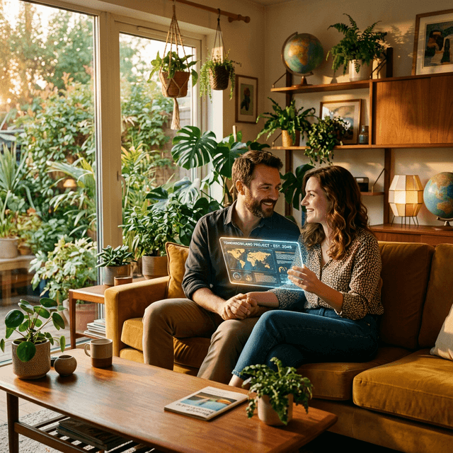 A warm cinematic shot of a couple sitting on a mid-century sofa looking at a glowing tablet together.