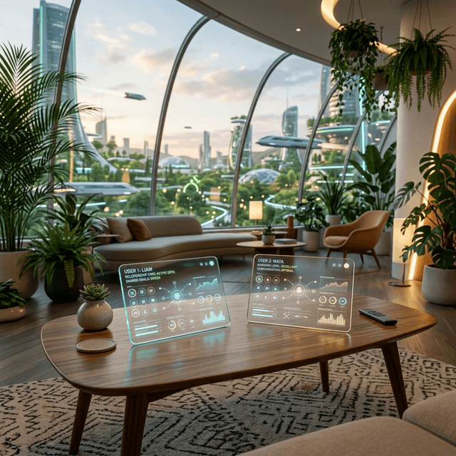 Two glowing tablets showing relationship sync interfaces on a mid-century table