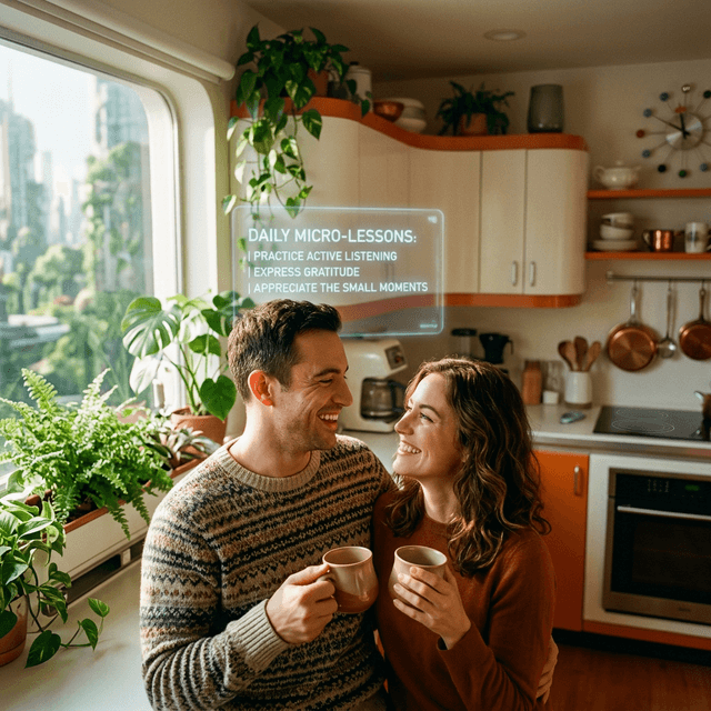 A close-up cinematic shot of a man and a woman in a retro-futurist kitchen sharing a warm moment.