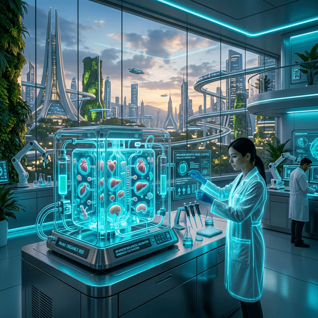 A bright, pristine, nature-filled biolab overlooking a lush city