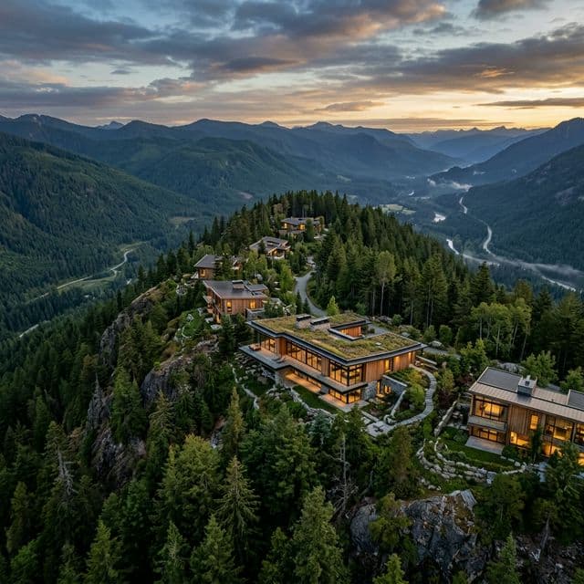 Beautiful futuristic homes integrated into a forested ridgeline