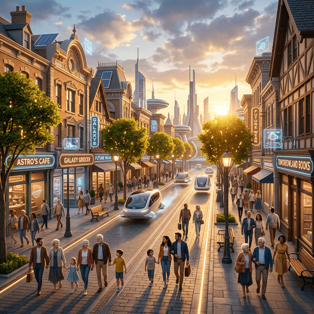 A vibrant Tomorrowland retro-futurist Main Street at golden hour