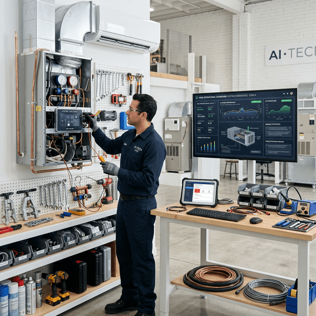 Clean, modern HVAC workspace with sophisticated digital AI tools