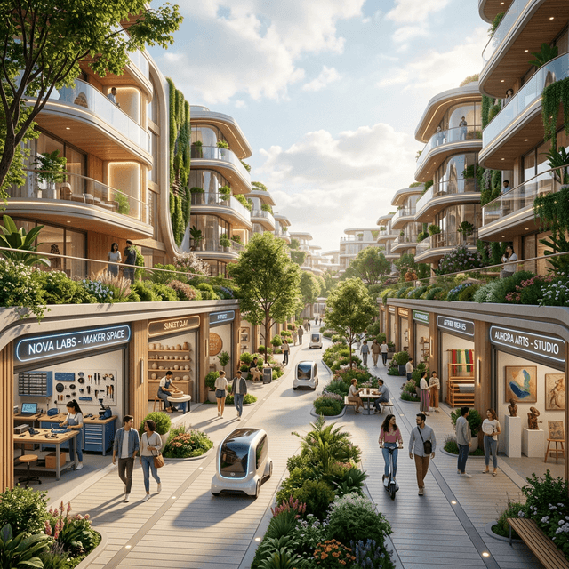 A lush pedestrianized futuristic street with open garages