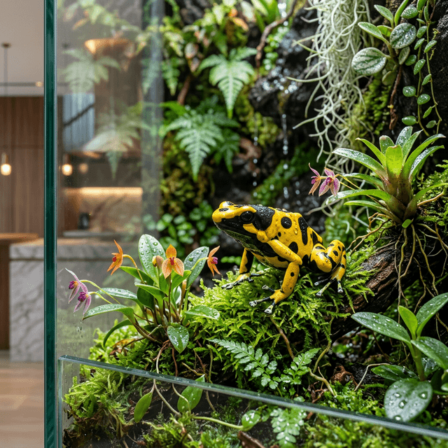High definition macro photography of a vivid poison dart frog inside a luxury biowall