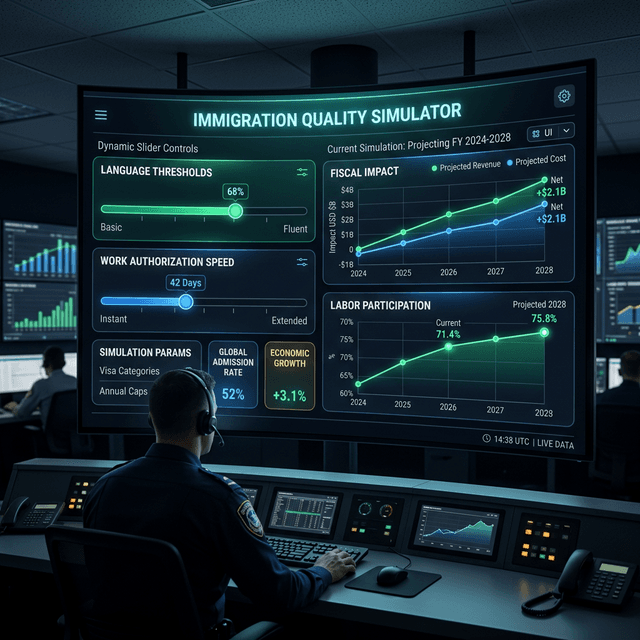 Immigration Quality Simulator glowing dashboard