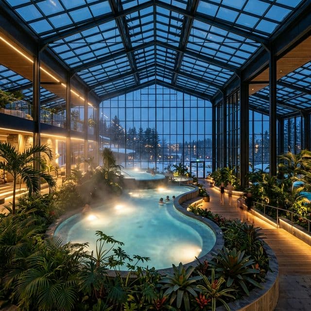Massive modern glass solarium with glowing thermal pools in the winter