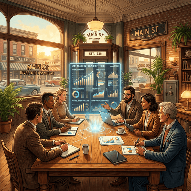 Futuristic investment syndicate meeting room with financial data