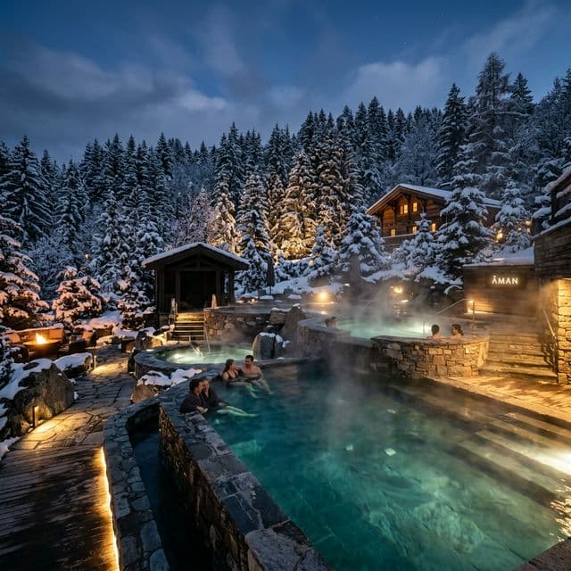 Luxury outdoor thermal spa circuit next to snowy forest
