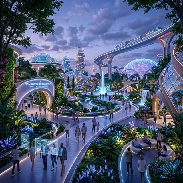 Optimistic utopian future park with ubiquitous intelligence