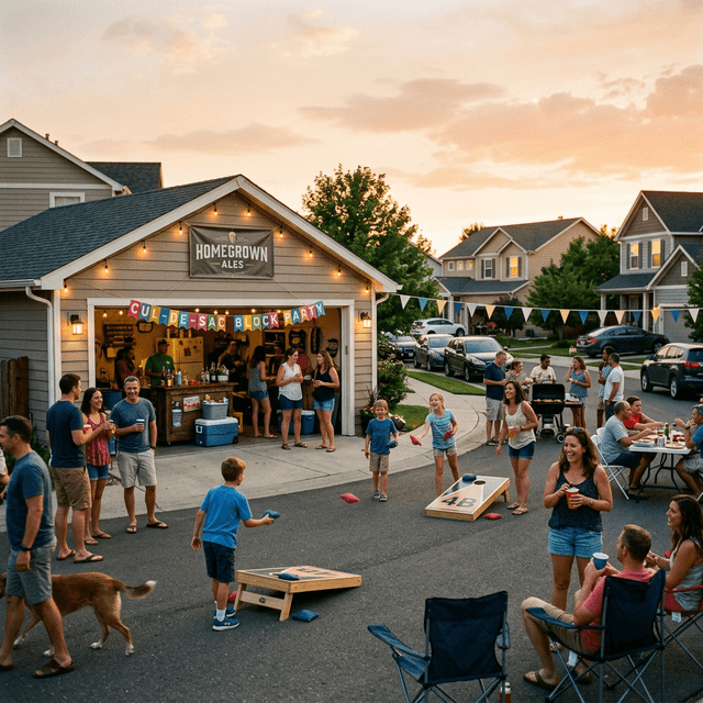 A lively block party in a typical US suburban cul-de-sac with a Homegrown Ales banner