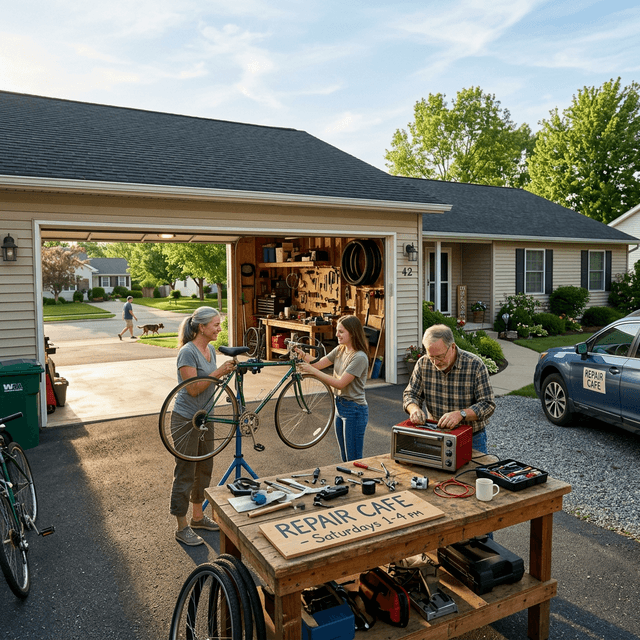 A standard American suburban house with a repair cafe in the garage