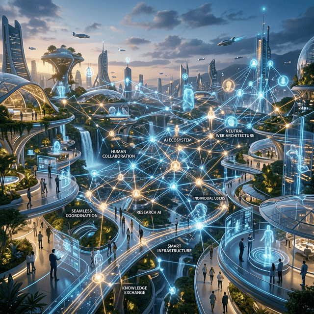 Sprawling glowing network map of seamless human-machine coordination