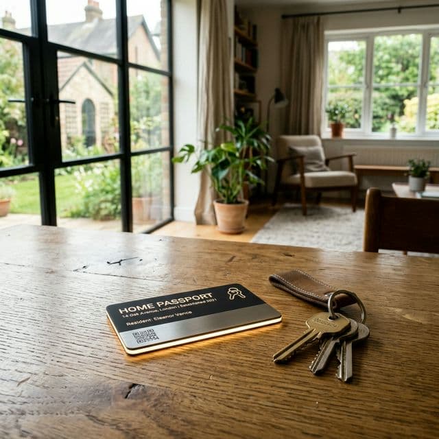 Home Passport card resting on an oak table next to house keys