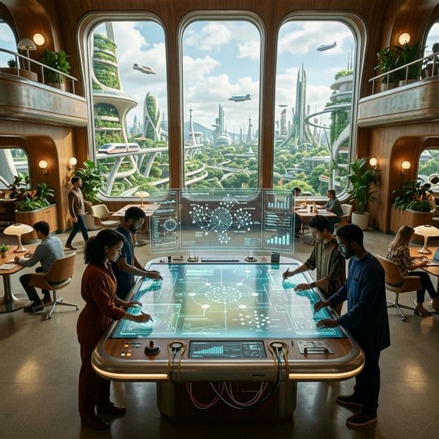 Retro-futurist collaborative workspace showing scattered people united by transparent screens into unified groups