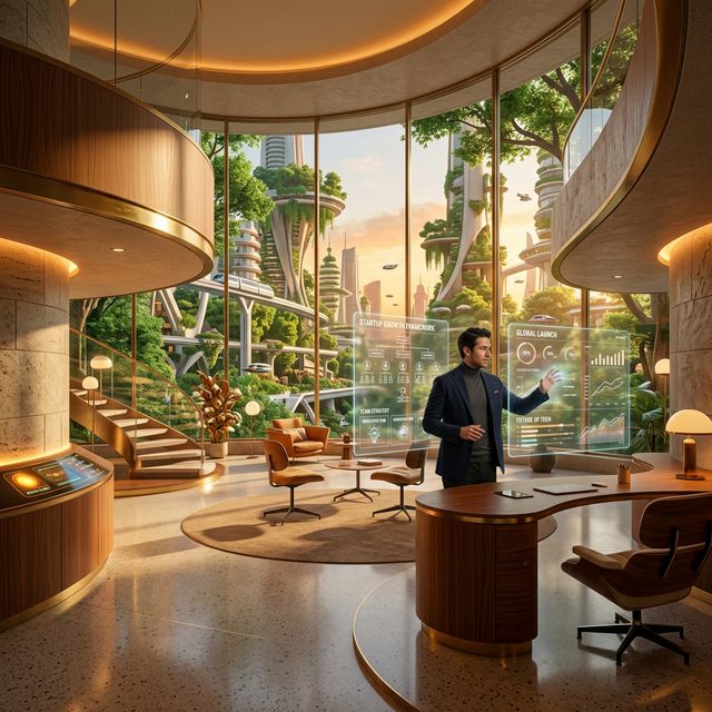 Retro-futurist Tomorrowland-style interior of a high-end virtual office