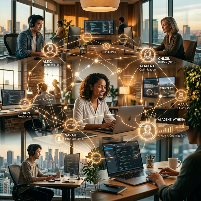 Distributed modern startup team seamlessly connected by a glowing networking graph