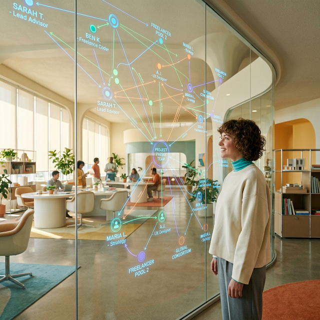 Social graph wall displaying advisors and freelancers